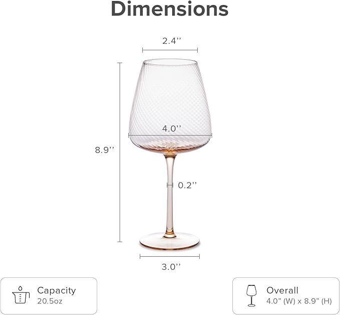 mopio Zest Fluted Wine Glasses Set of 4, 20.5 oz, Dishwasher Safe, Elegant Barware for Wedding, Party and Brunch, Colorful Drinkware Gifts in Eco-Friendly Packaging, Soda-Lime Glass (Peach)
