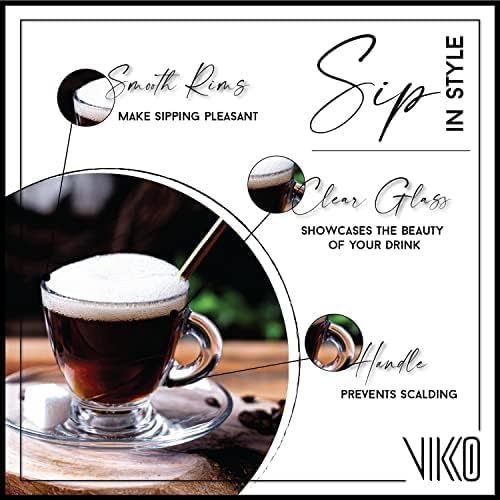 Vikko Glass Espresso Cups, 3.25 Ounce, Set of 2 Clear Glass Coffee Mugs, Durable Dishwasher Safe for Home Use