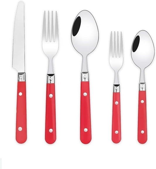 5/20/30-Piece Lightweight Stainless Steel Silverware Set for Everyday Use, Flatware Service for 1/4/6, Steak Knife Fork Spoon Dessert Tea Spoon Fruit Fork, Durable Reusable, Red