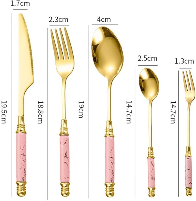 Premium Stainless Steel Silverware Set with Ceramic Handles, 5 Piece Knife, Fork, and Spoon Set with Marble Accents, Elegant Kitchen Utensils Set (Pink (set of 5))