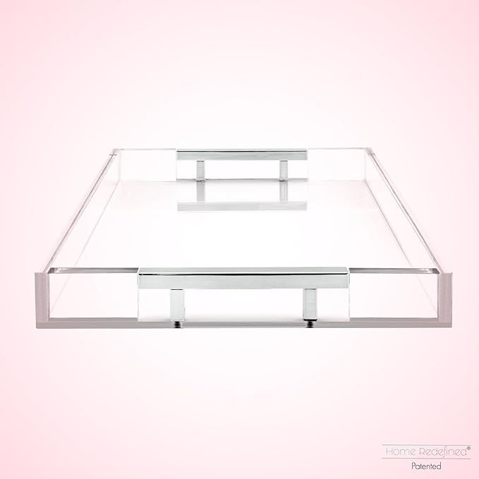 Modern 16"x12" Rectangle Acrylic Lucite Plastic Decorative Serving Tray with Silver Stainless Steel Metal Handles for Home Decor Ottoman Coffee Table Food Fruits Lap Vanity Perfume by Home Redefined