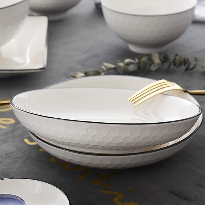 60 Pieces White Dinnerware Set Dishes - Dinner Plates and Bowls Sets Service for 12, Luxury Ceramic Dishes Set, Nordic Style Black Line Diamond Pattern, for Family Friend (White 56 Pcs)