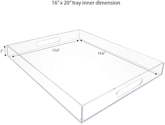 Isaac Jacobs Clear Acrylic Serving Tray (16x20) with Cutout Handles, Spill-Proof, Stackable Organizer, Space-Saver, Food & Drinks Server, Indoors/Outdoors, Lucite Storage Décor & More