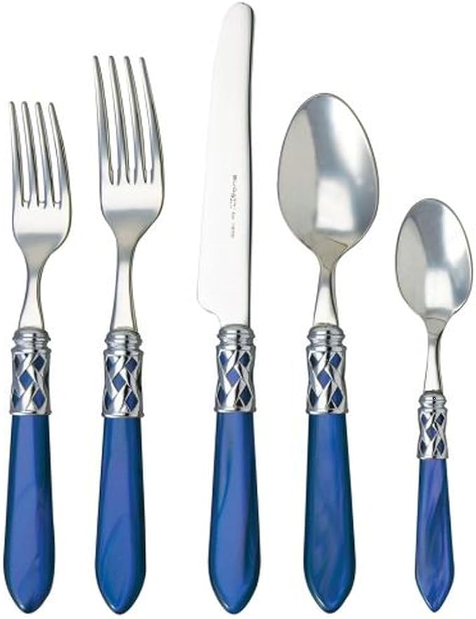 Vietri Aladdin Italian Flatware 18/10 Stainless Steel Brilliant Finish Including Place Knife, Place Fork, Place Spoon, Teaspoon, and Salad Fork (Blue)
