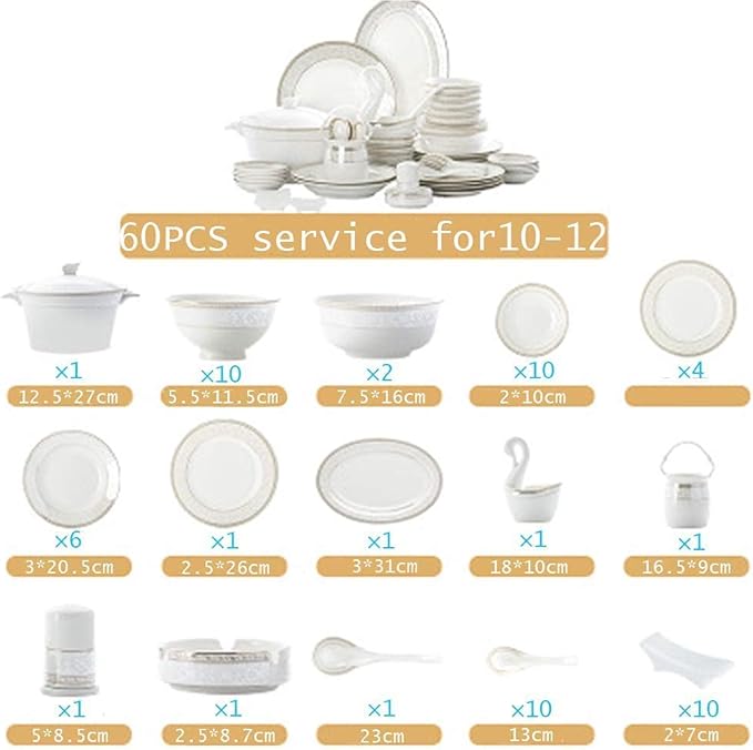 White Round Porcelain Dinnerware Set, Dishes/Plate/Bowl Set, Fine Bone China Dinnerware Sets Clearance, Collection Ceramic Kitchen And Dining Sets For Home,B56 Pcs Servic-60 Pcs Service for 10/12