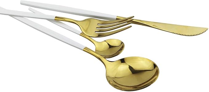 JASHII 24 Piece Titanium White And Golden Plated Stainless Steel Flatware Set, White Handle With Golden Mouth Silverware Set White And Golden Cutlery Set Service for 6 (Handle White,Shiny Golden)