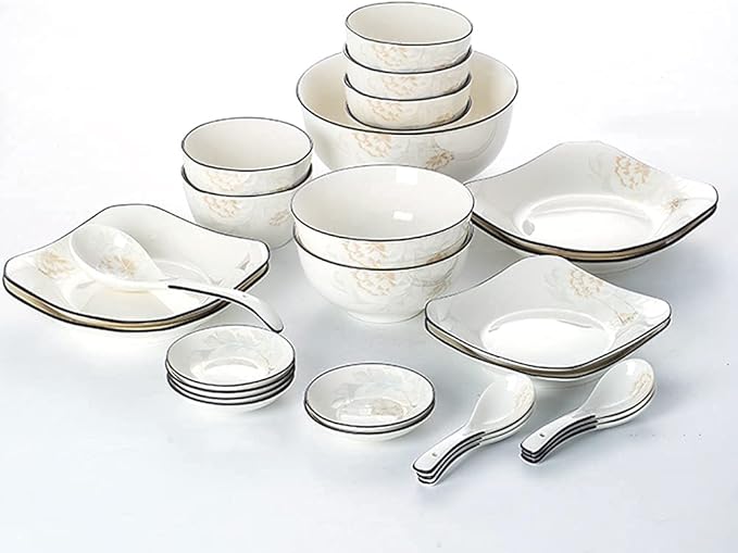 Ceramic Dinner Plate Sets, 28 Piece Dinnerware Set Service for 6, Pattern Bone China Tableware Plates, Bowls Ceramic Dish Set,Rectangular