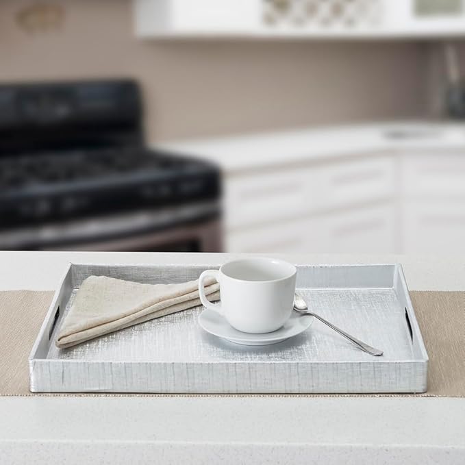 Home Basics Elegant Serving Tray with Handles (Silver), 13.75" x 18.75" x 1.65"