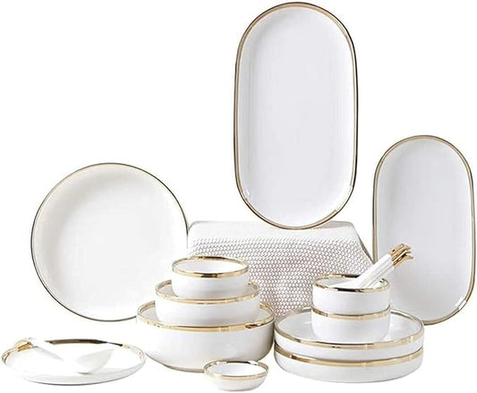 Dinnerware Set Dinner Party Tableware Service Set Dinnerware Sets Service for 2/4/6, Kitchen Plates and Bowls Sets White, Luxury Bone China Tableware, Nordic Gold Porcelain Dish Set (18Pcs)