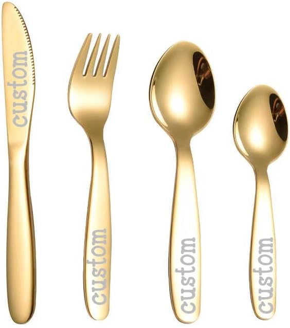 Stainless Steel Customized Rainbow Kids Silverware 2/3/4 Pieces Set,Engraving Name Knife Forks Spoon Set,Personalized Children's name tableware, Customized Flatware Set Gold