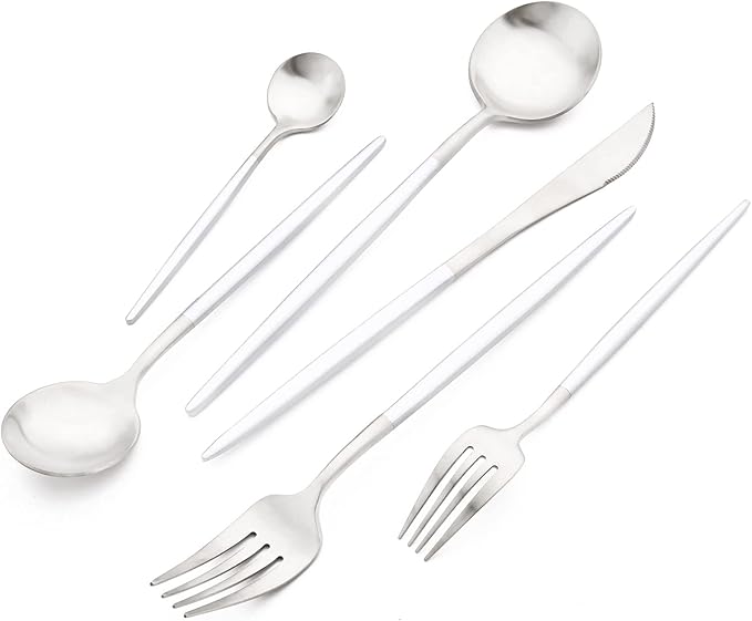 24-piece Snplowum Silver Satin Finished Serving Set, 18/10 Stainless Steel Flatware With White Round Hanle For Daily Use Salad Coffee Include Knife/Fork/Spoon, Service For 4 (White Silver)
