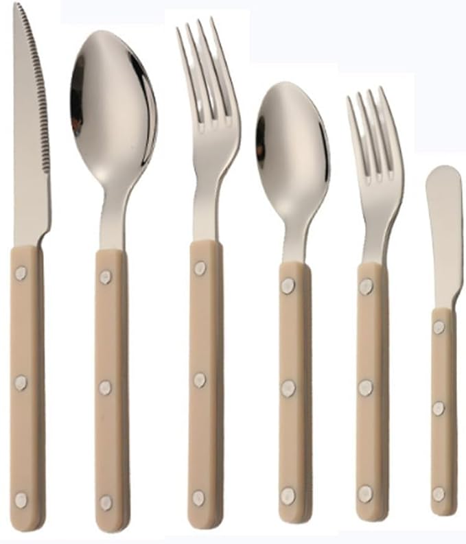 ABS Rivet Handle Marble Pattern Handle Kitchen Stainless Steel Silverware Tableware Flatware Cutlery Knives Forks Spoons Set,Butter Knife Dessert Spoon Fork (White,6 pieces)