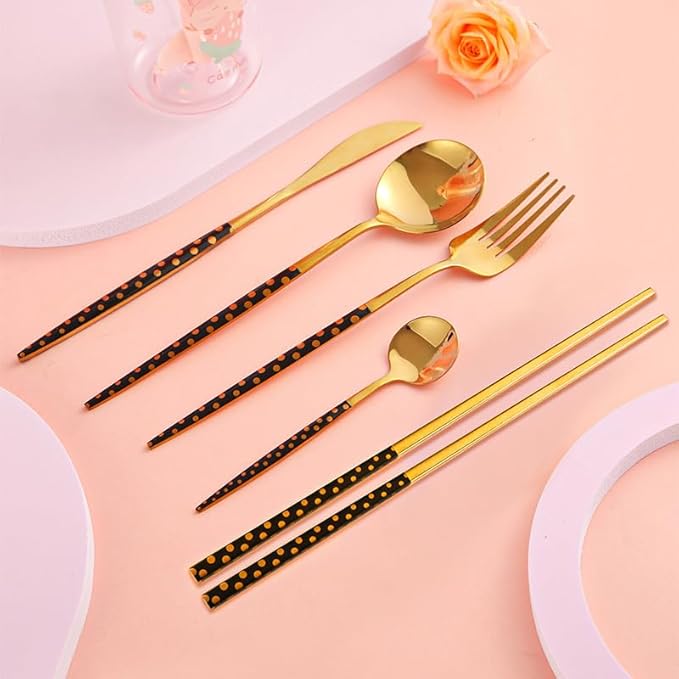 Stainless Steel Flatware serving set,Home Kitchen Eating Tableware Set,Dishwasher Safe,For Home Kitchen Restaurant Hote 4/16/24/32 Pieces Stainless Steel Tableware Creative Polka Dot Hotel Home Main M