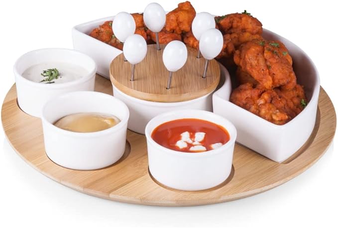 PICNIC TIME NFL Symphony Appetizer Serving Tray Set, Party Platter Set, Appetizer Plate, (Bamboo & White Ceramic)