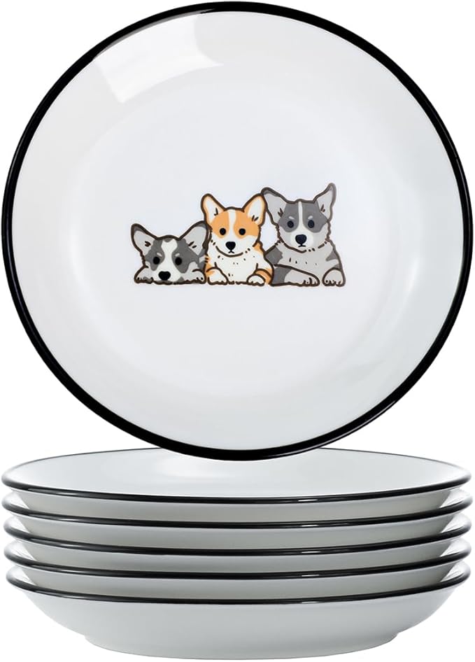 Cute Cartoon Animals Pattern Ceramic Sauce Dishes, Seasoning Dishes, Sushi Soy Dipping Bowls, Appetizer Plates, Dessert Plates, Little Cat Bird Feeding Bowls, Set of 6-Corgi-A-5 Inch