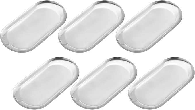 uxcell 6pcs Stainless Steel Decorative Trays, Bathroom Trays, Makeup Cosmetic Trays, Small Serving Trays for Candles Dessert Tray(Silver, 7 x 3.3 Inch)