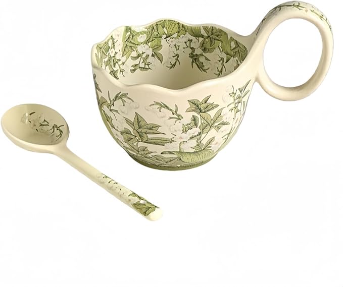 16.91oz/500ml Handpainted Soup Bowl with Handle,Ceramic Cereal Bowl Microwave & Dishwasher Safe,Loop Handle Bowl Great for Soup,Yogurt,Snack,Chip,Stew,Ice Cream,Coffee (Lily of the Valley)