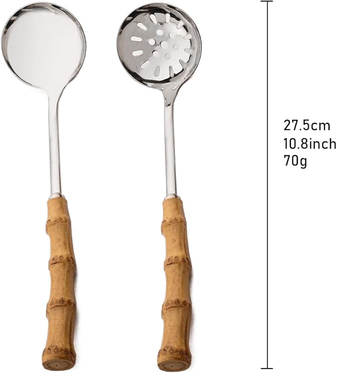 Gugrida Flatware Silverware Serving Set Silver Stainless Steel Hostess Serving Utensil Set with Bamboo Handle Dishwasher Safe, 2 Soup Spoon 2 Slotted Spoon