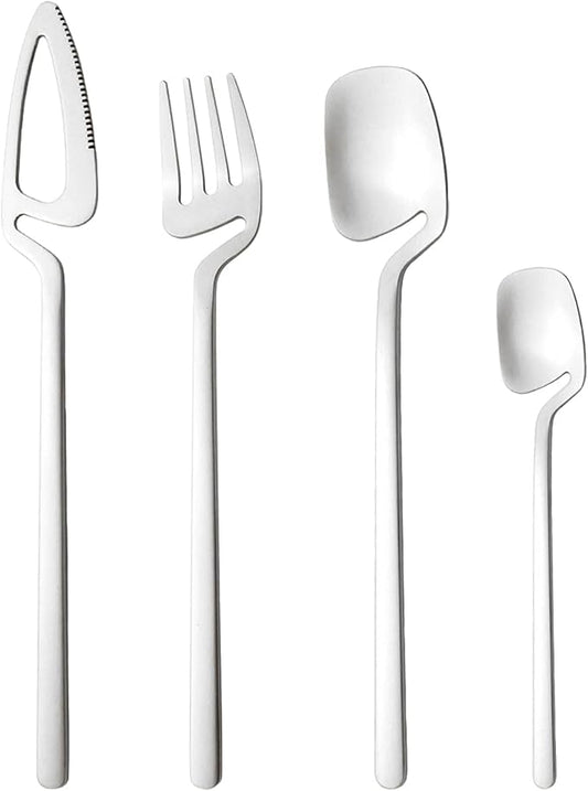 Hangable & Uinque Matte Silverware Flatware Set, 8-Pieces 18/10 Stainless Steel Cutlery Set Suitable For Family Couple Student Office Restaurant Party, Service for 2 (Silver)