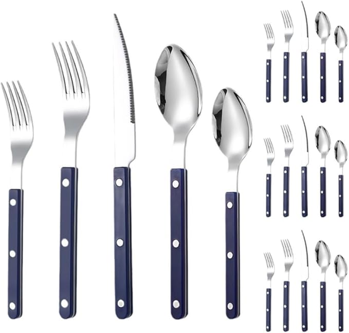 Rivet ABS Clamp Handle Kitchen Stainless Steel Silverware Tableware Flatware Cutlery Set Steak Knife Fork Spoon Teaspoon Western Tableware Butter Knife Set (Blue,20 pieces)