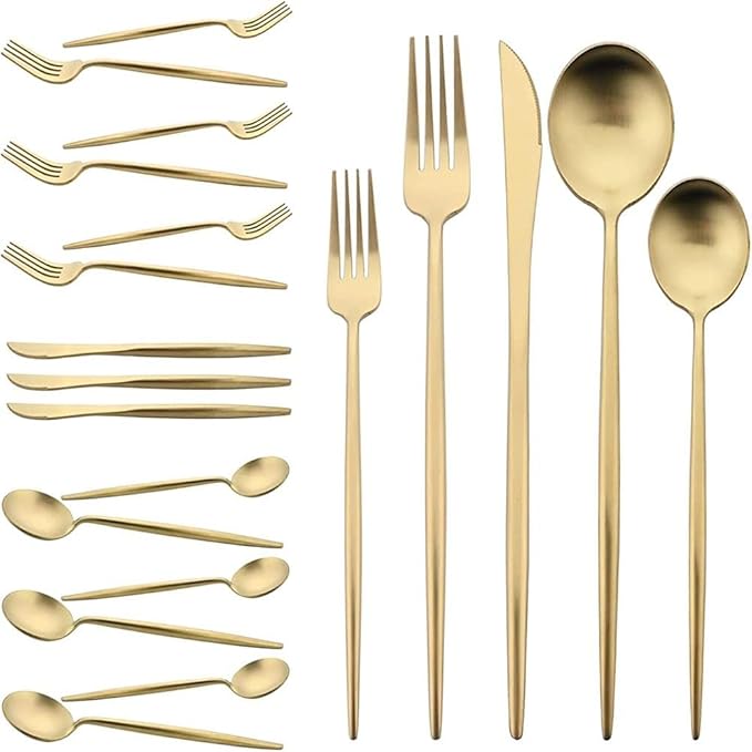 Flatware Set 18/10 Stainless Steel Matte Champagne Gold - Kitchen Utensil Serving Set of Dinner Fork Knife Spoons Salad Fork Dessert Spoon,20 Piece, for Home Kitchen Hotel (Champagne Gold)