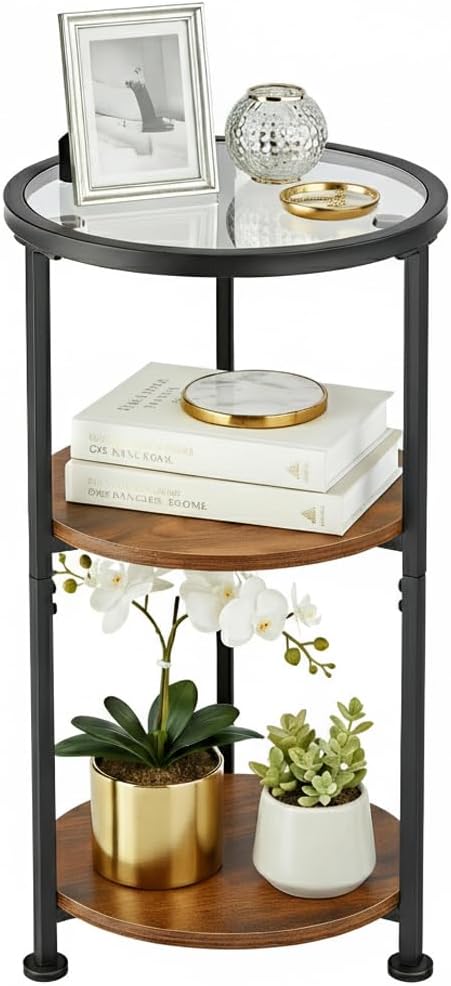 Glass Side Table, Tempered Glass Small Round Side Table with 3-Tier Storage Shelves for Small Spaces, Modern Glass Round End Table for Living Room, Bedside Nightstand for Bedroom(Rustic Brown)