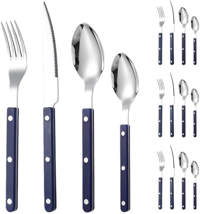 Rivet ABS Clamp Handle Kitchen Stainless Steel Silverware Tableware Flatware Cutlery Set Steak Knife Fork Spoon Teaspoon Western Tableware Butter Knife Set (Blue,16 pieces)