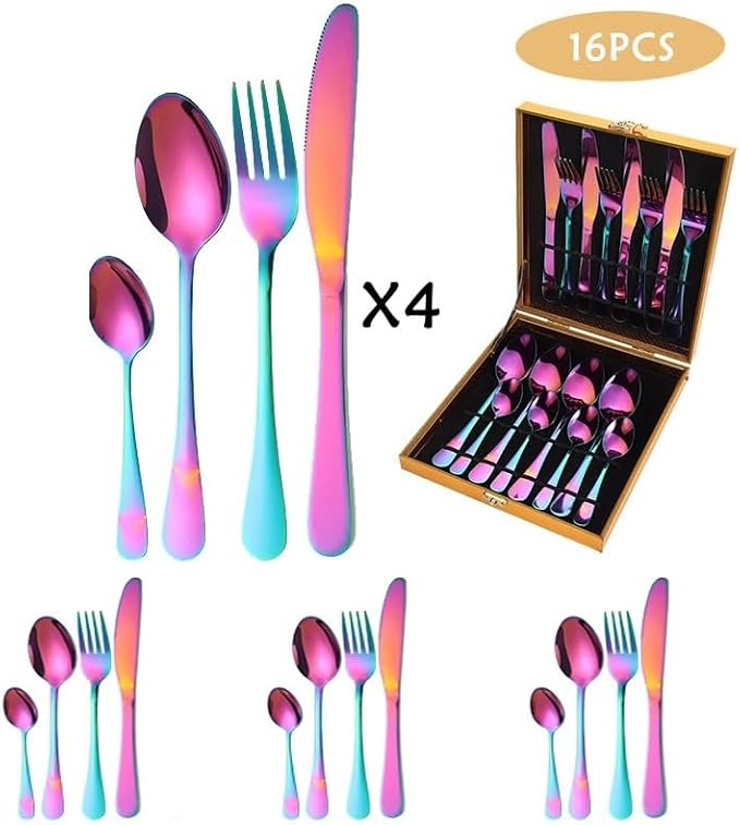 Stainless Steel Flatware serving set,Home Kitchen Eating Tableware Set,Dishwasher Safe,For Home Kitchen Restaurant Hote 16-piece Stainless Steel Cutlery Set Hotel Household Knife, Fork And Spoon(Gold)