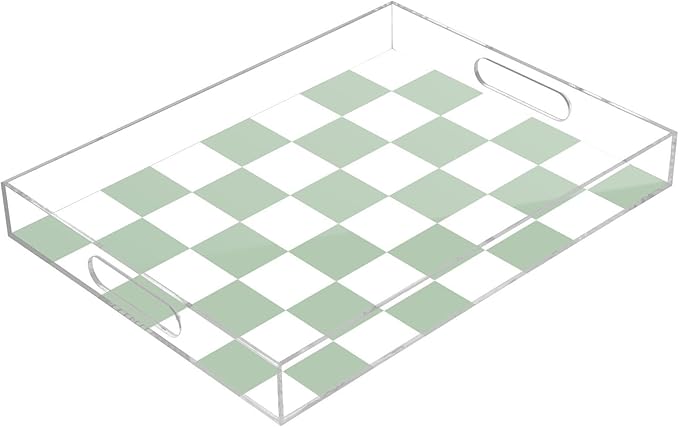 Serving Tray with Handles Clear Acrylic Tray 12x16 Inch Decorative Rectangular Tray Organizer for Ottoman Coffee Table Bathroom Checkered Green and White