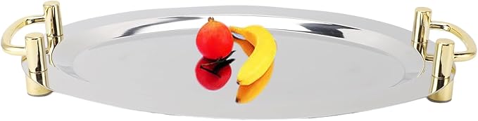 Dioche Steel Serving Tray Stainless Steel Platter with Handle – Multifunction Portable Serving Tray for Restaurant & Hotel Buffet, Rectangle Shape, 47.5cm (Round Shape with Gold Handle, 46cm)