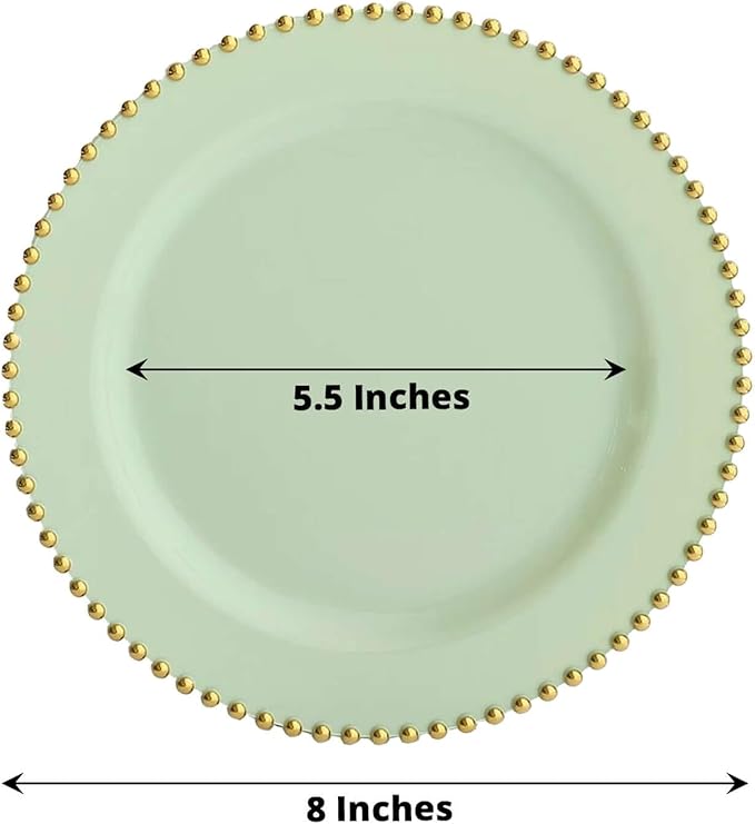 8" Salad Plates - Set of 10 - Plastic Sage Green/Gold Round Disposable Dessert Appetizer Plate Beaded Rim, Ideal for Dinner Party Wedding Bulk Events