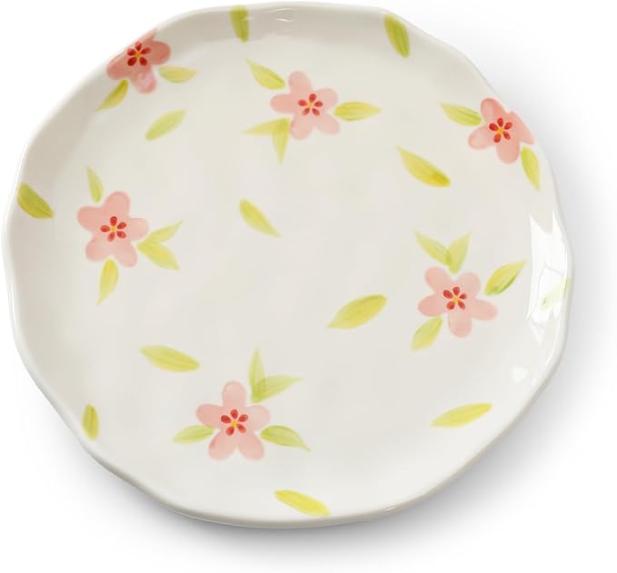 Koythin Floral Ceramic Dinner Plates, 8" Microwave Safe Dishes for Pasta, Modern Rustic Appetizer Plate for Salad Fruits Dessert Cake (Retro Pink Flower)