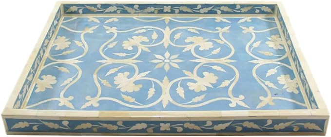 Hansa Handmade Bone Inlay Serving Tray Rectangle Tray Handcrafted Sky Blue Decorative Display Basket for Dining