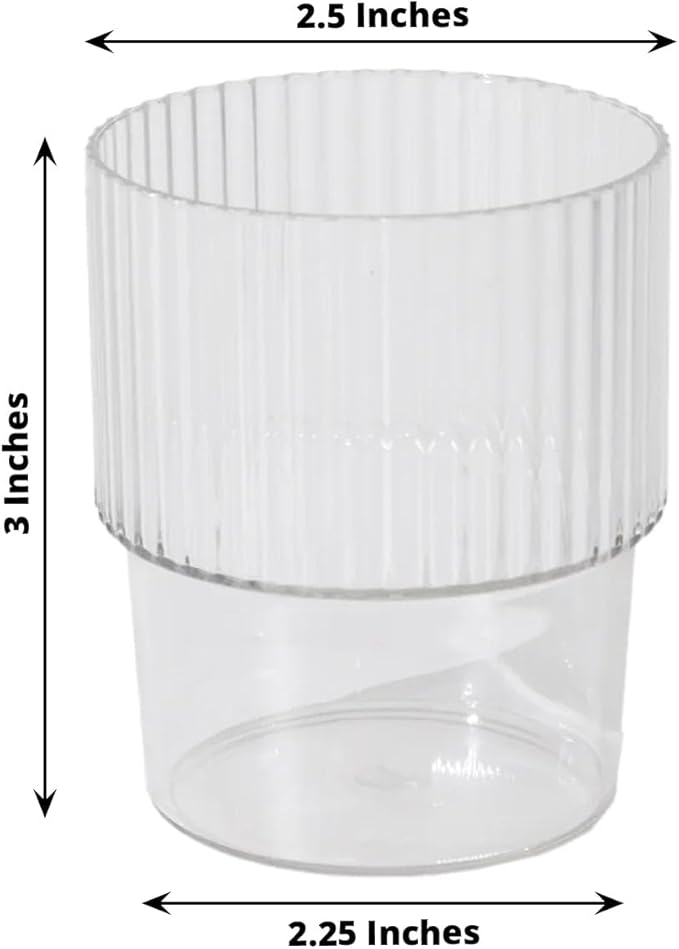 TCF Linen 12 Pack Clear Plastic Tumblers, 7oz Stackable Ribbed Reusable Shatterproof Short Drinking Glasses, Elegant Origami Design for Weddings Parties Catering Cocktails