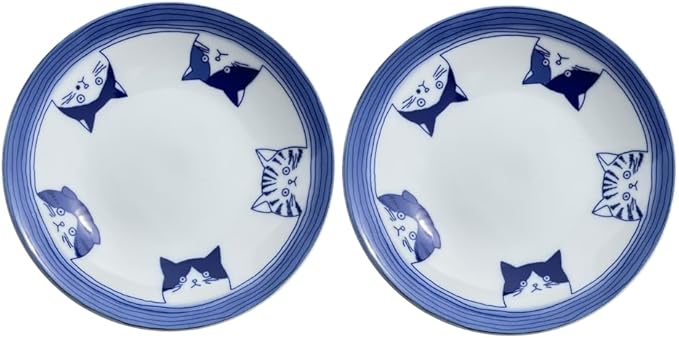 Japanese Ceramic Small Deep Plate Set, Five Kinds of Cat Face Patterns 5.4 x H1.46 Inches Mino Ware White & Blue Set of 2, from Japan 23247