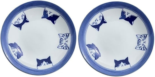 Japanese Ceramic Medium Plate Set, Five Kinds of Cat Face Patterns, 6.4 x H1.18 Inches Mino Ware White & Blue Set of 2, from Japan 23236