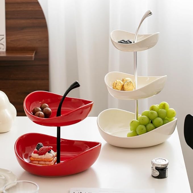 Ceramic Tiered Fruit Bowl, Cute Decorative Snack Plate for Coffee Table, Layer Dessert Tray for Kitchen Counter, Christmas Serving Fruit Display (Red-Triple layer)