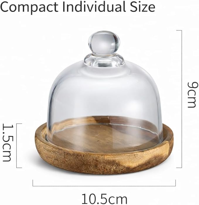 Mini Glass Dessert Display Stand with Dome Lid, Round Serving Tray with Clear Glass Cover, Small Cake and Cheese Display for Tabletop Use (light brown)