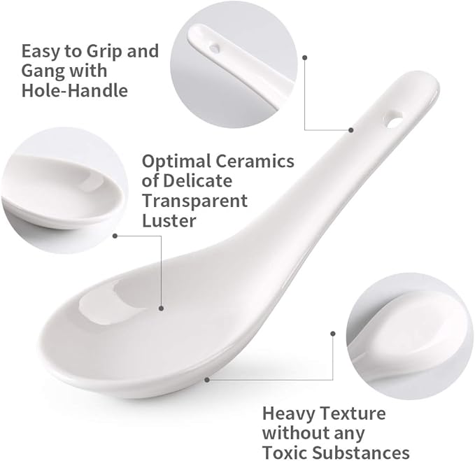 HAPPY KIT Asian Soup Spoons Set of 12, Ceramic Ramen Spoons Set Proper for Corelle Pho Miso Wonton Ramen Dumpling Macaron Dishwasher & Oven Safe