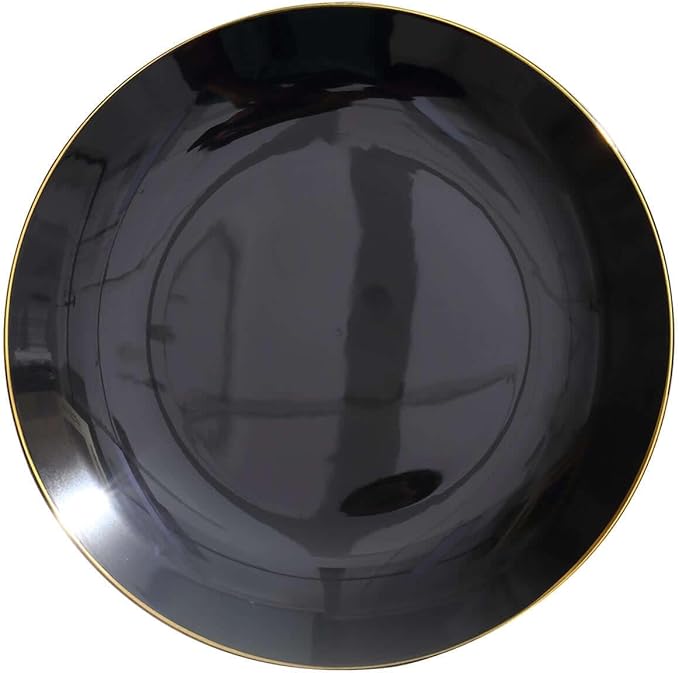 Efavormart 10 Pack | 10" Glossy Black Round Plastic Dinner Plates With Gold Rim, Disposable Party Plates