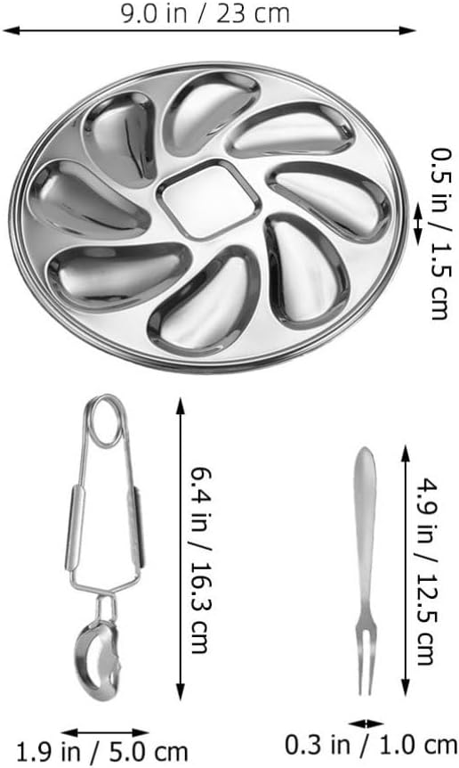 UPKOCH 1 Set of Stainless Steel Oyster Serving Tray, Shell Plate with Fork and Opener Tool, Silver, 9 Inch Diameter, for Home and Restaurant Use