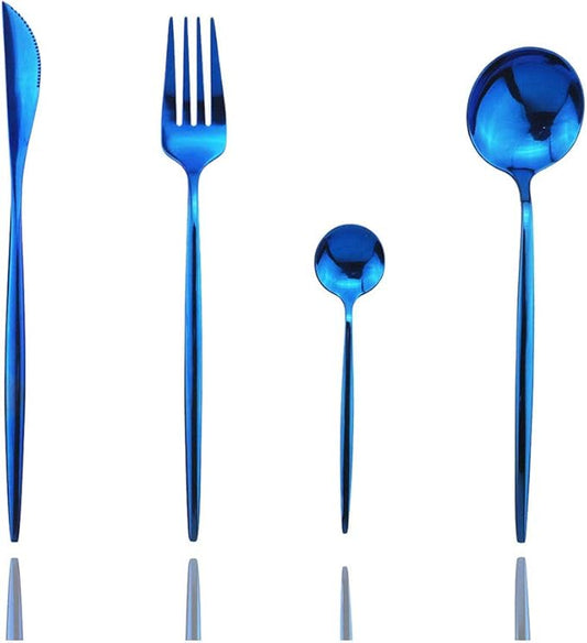 JASHII 4 Pieces Cutlery Flatware Set 304 Stainless Steel Home Kitchen Set, Mirror Polished, Knife/Fork/Spoon, Modern Elegant Tableware Set for Party, Christmas, Dinner (Blue)