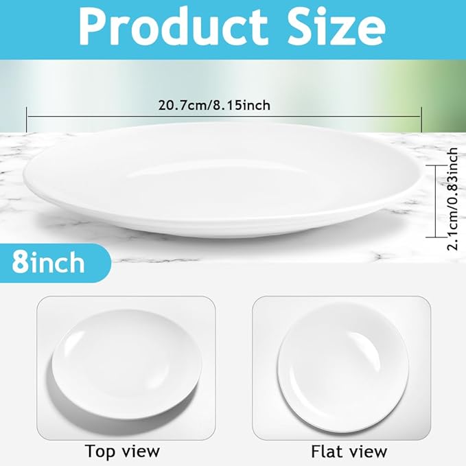 6PCS Ceramic Appetizer Plates, 8 Inch White Ceramic Plate, Round Porcelain Serving Plates, Microwave Dishwasher Safe, Porcelain Salad Plate Small Dinner Plates for Appetizers Dessert Salad