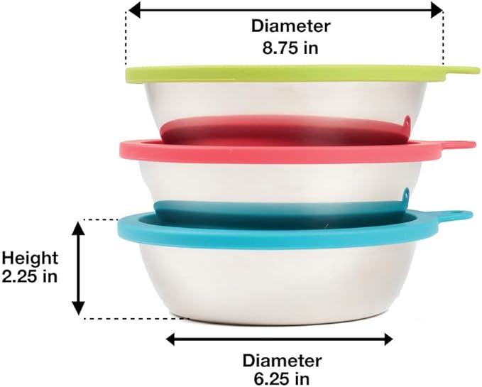 Messy Mutts 6-Piece Set | Three Stainless Steel Bowls and Three Colorful Silicone Lids | Sealable Travel Containers | Portable Food/Water Dishes for Pets | Extra-Large, 6 Cups
