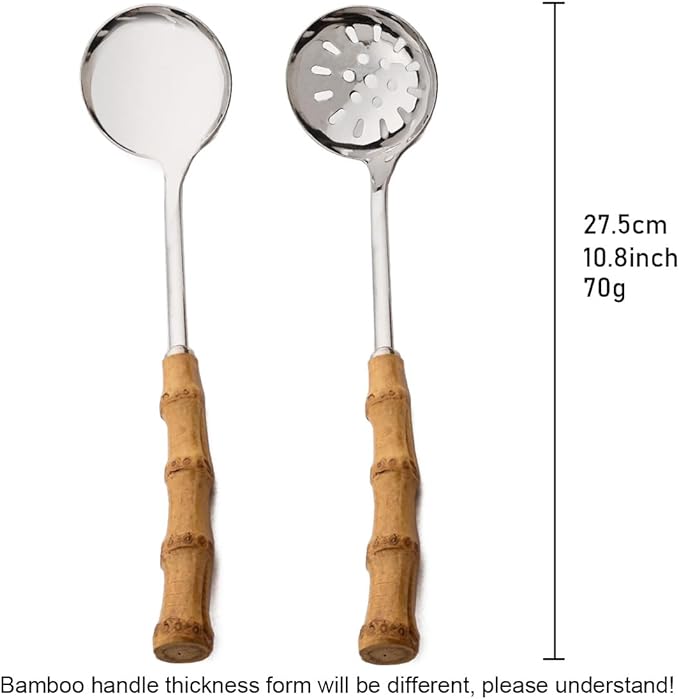 6-Piece Bamboo Silverware Set, Stainless Steel Flatware Hostess Serving Set Bamboo Utensils Tableware Set for Home Camping Travel Hotel - 2pcs Soup Spoon and 2pcs Slotted Spoon