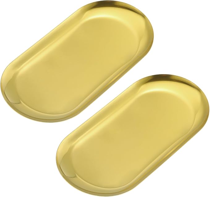 uxcell 2pcs Stainless Steel Decorative Trays, Bathroom Trays, Makeup Cosmetic Trays, Small Serving Trays for Candles Dessert Tray(Gold, 7 x 3.3 Inch)