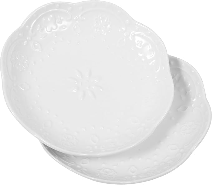 2pcs Flower Embossed Ceramic Appetizer Plates Small Multipurpose Sauce Dishes for Soy Sauce Seasoning Salad Dressing Microwave Dishwasher Safe White Serving Plates