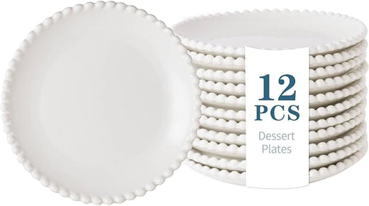 TAMAYKIM 5.5 Inch Porcelain Dessert Plates, Appetizer Plates, Round Small Dinnerware Sets, Scratch Resistant, Microwave, Oven, and Dishwasher Safe, White with Pearl Dots, Set of 12