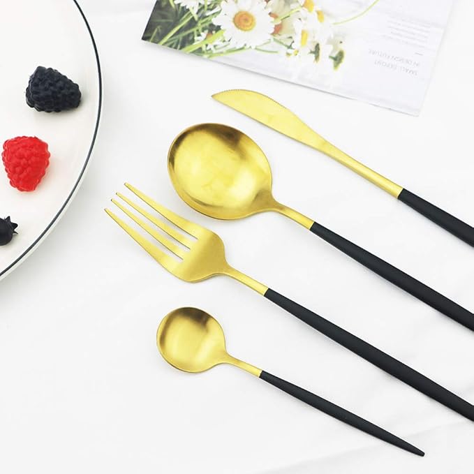 JASHII Matte Finish Black Gold Flatware Serving Set 24 Piece, Stainless Steel Silverware Set, Cutlery Set, Modern Elegant Tableware Set for Party, Christmas, Dinner (Black Gold)