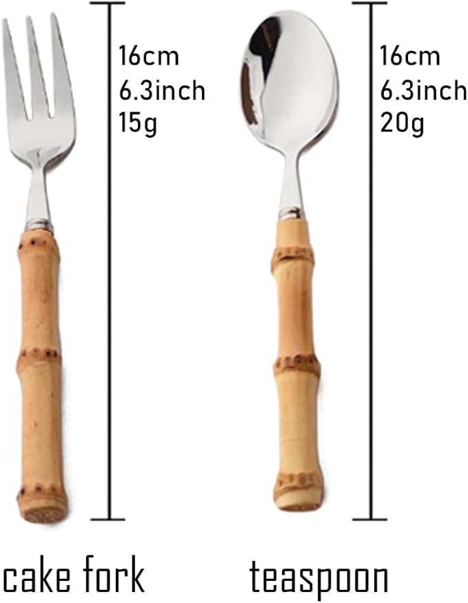 Gugrida Flatware Silverware Serving Set Silver Stainless Steel Hostess Serving Utensil Set with Bamboo Handle Dishwasher Safe, 3 Cake Fork 3 Teaspoon